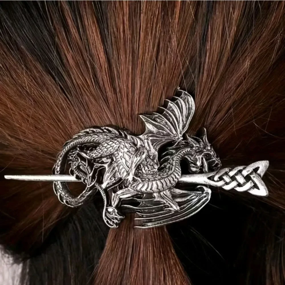 Silver Wyvern Dragon Celtic Knot Hair Pin Nordic Viking Stick Barrette Bun Clip